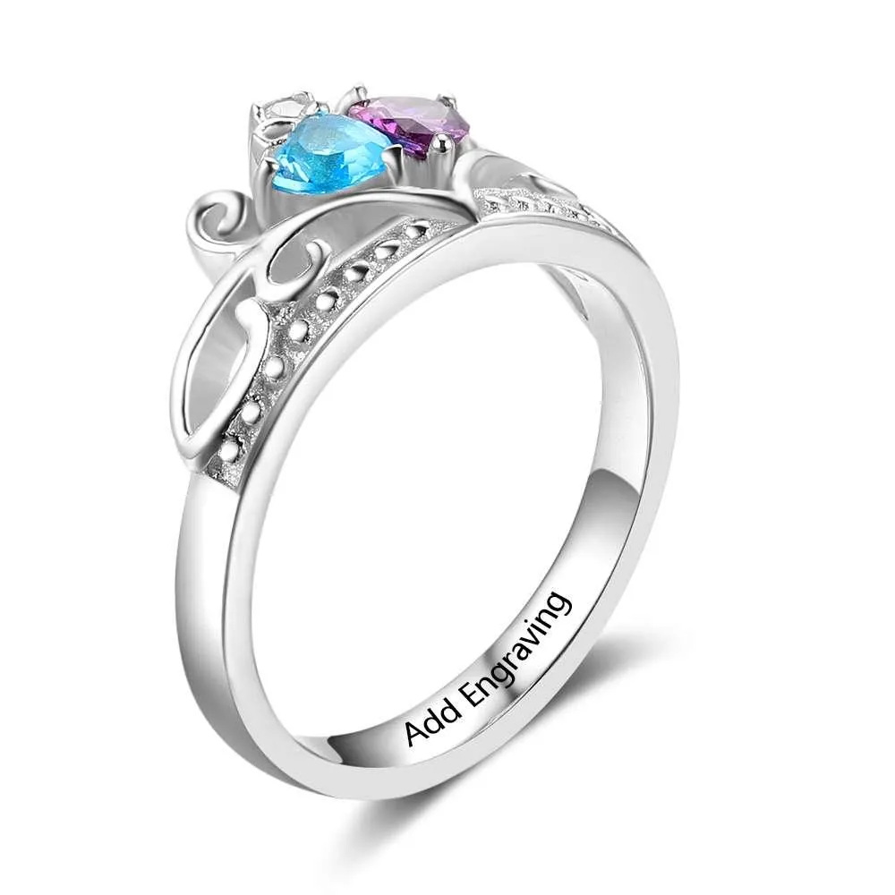 Personalized 925 Sterling Silver Heart Crown Ring For Women- Custom 2 Birthstones And Cubic Zirconia Stones Ring