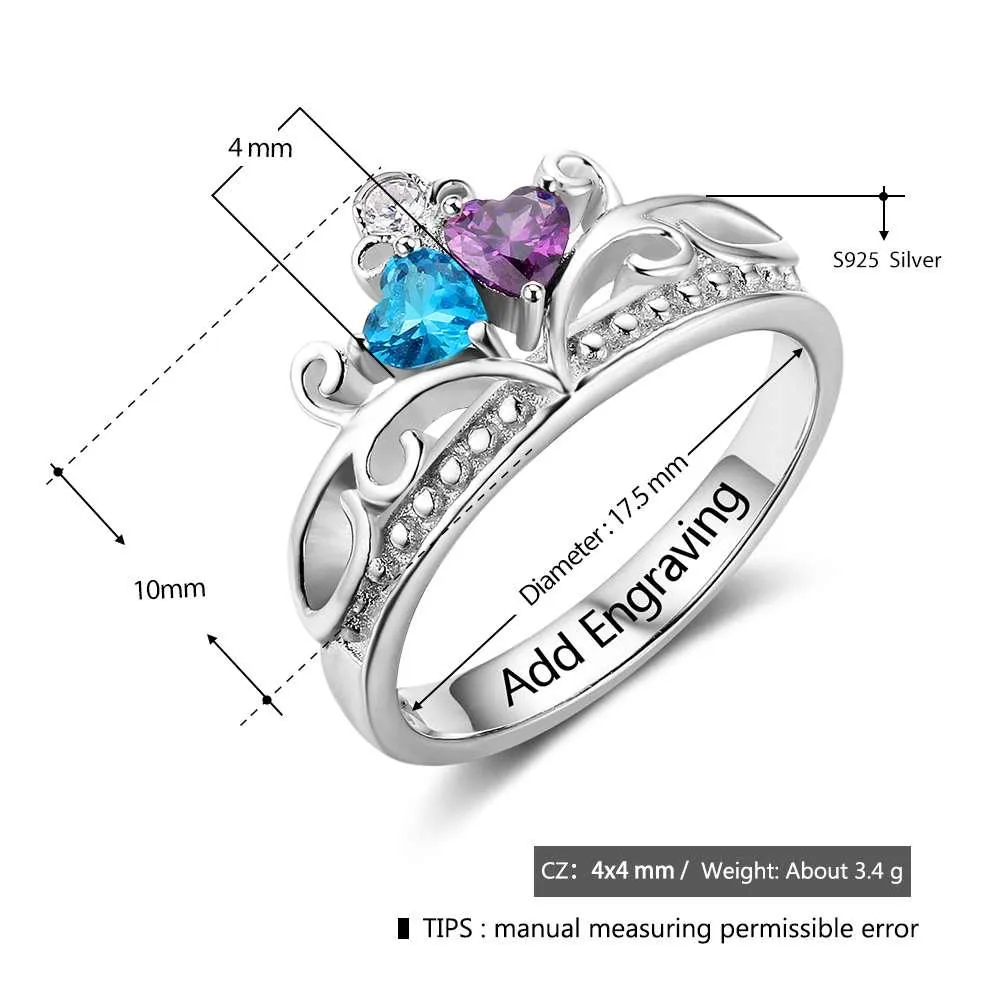 Personalized 925 Sterling Silver Heart Crown Ring For Women- Custom 2 Birthstones And Cubic Zirconia Stones Ring