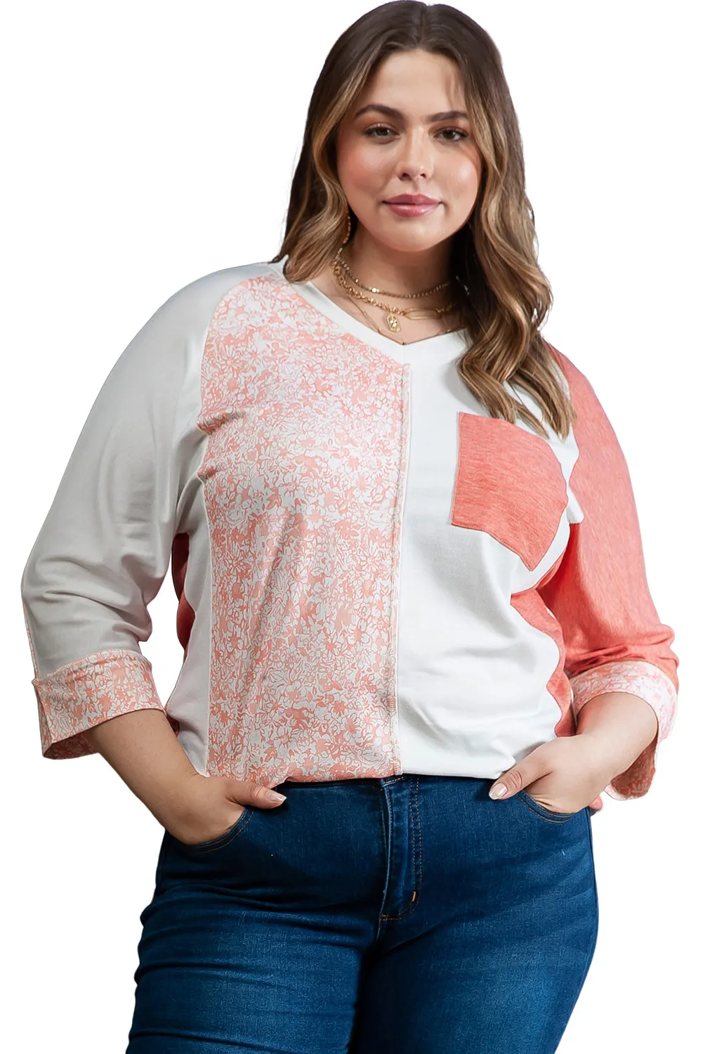 Pink Colorblock Drop Shoulder Bracelet Sleeve Plus Size Top