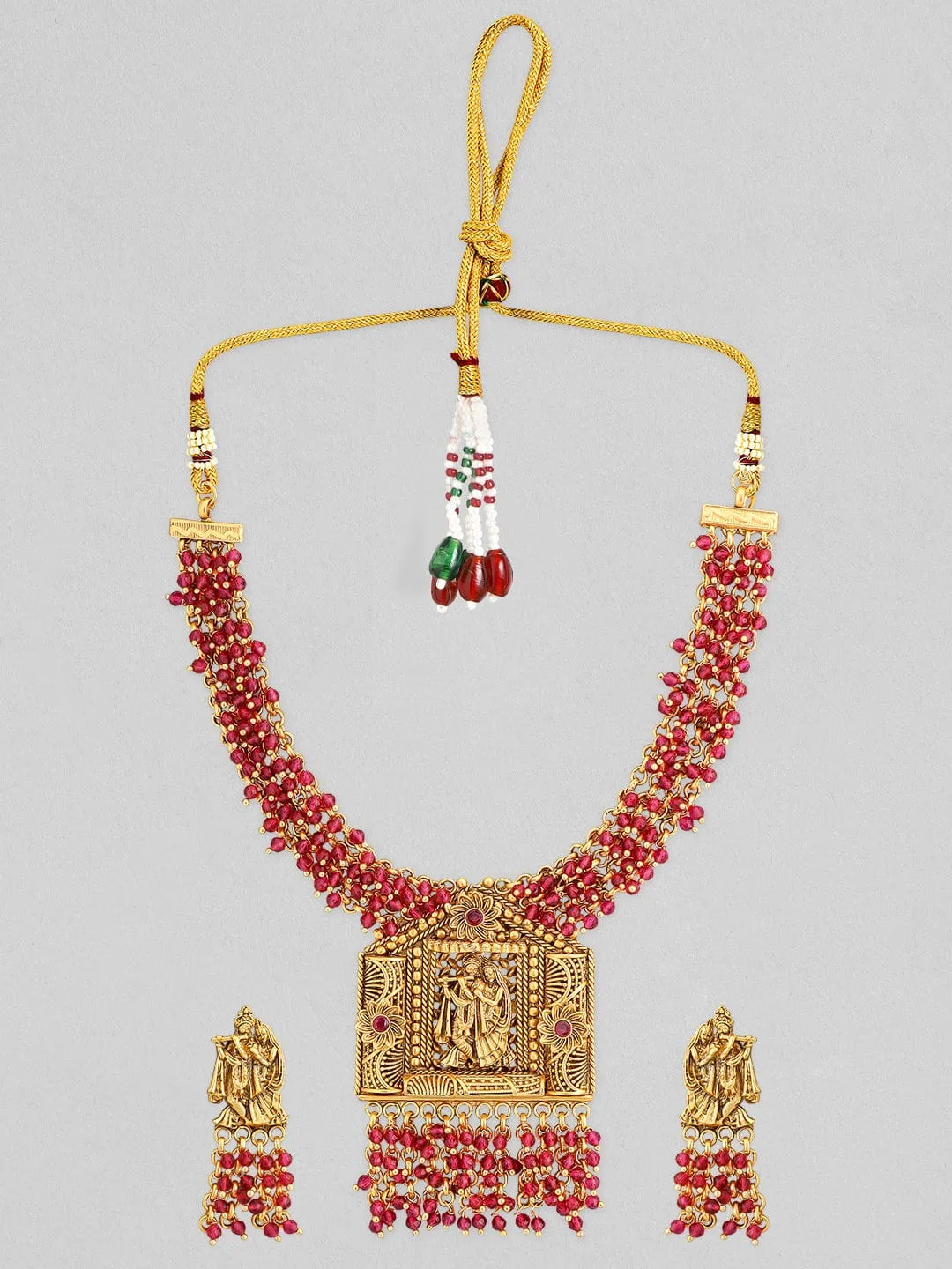 Rubans 24K Gold Plated Temple Necklace Set With Pink Beads.