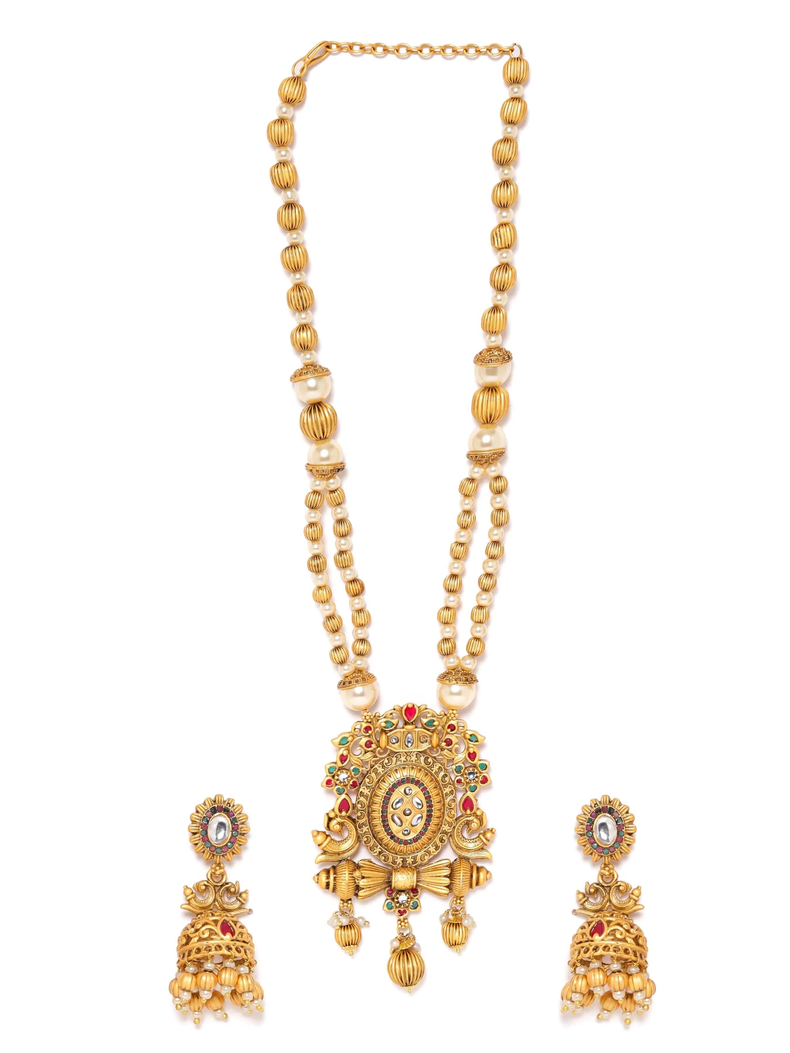 Rubans Gold-Toned Necklace Set with Gilded Pendant, Golden Beads, and White Pearl Chain