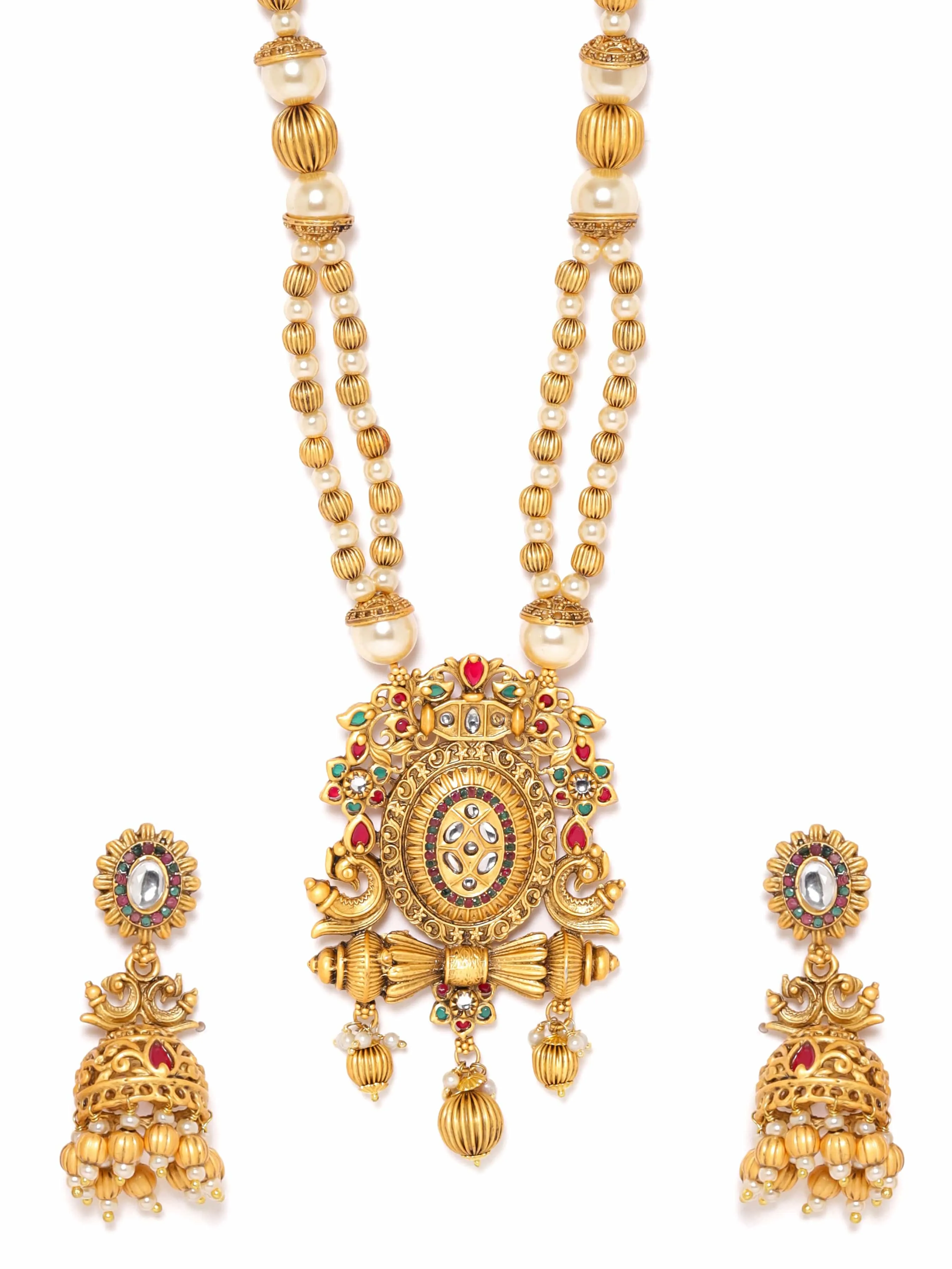 Rubans Gold-Toned Necklace Set with Gilded Pendant, Golden Beads, and White Pearl Chain