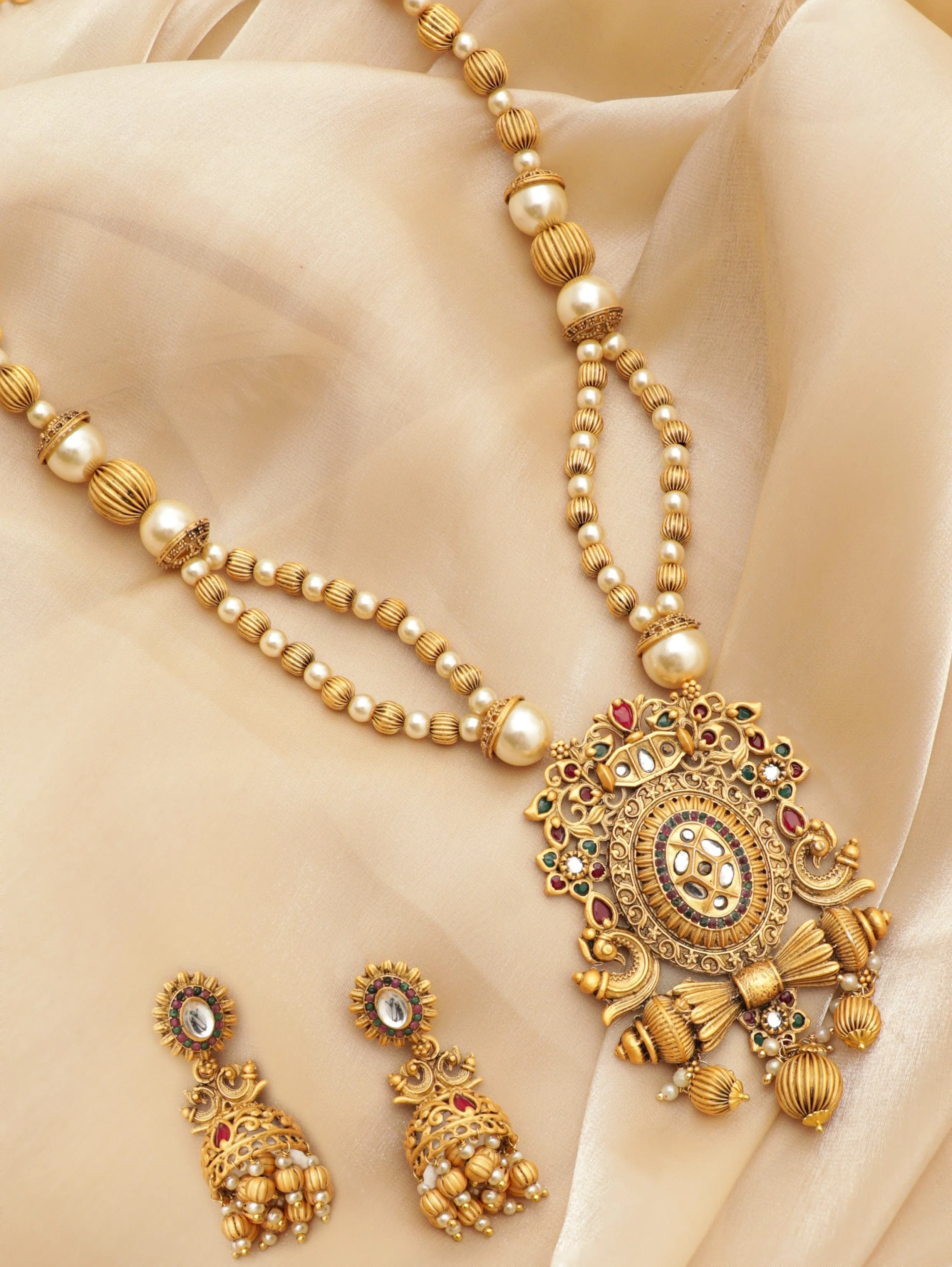 Rubans Gold-Toned Necklace Set with Gilded Pendant, Golden Beads, and White Pearl Chain