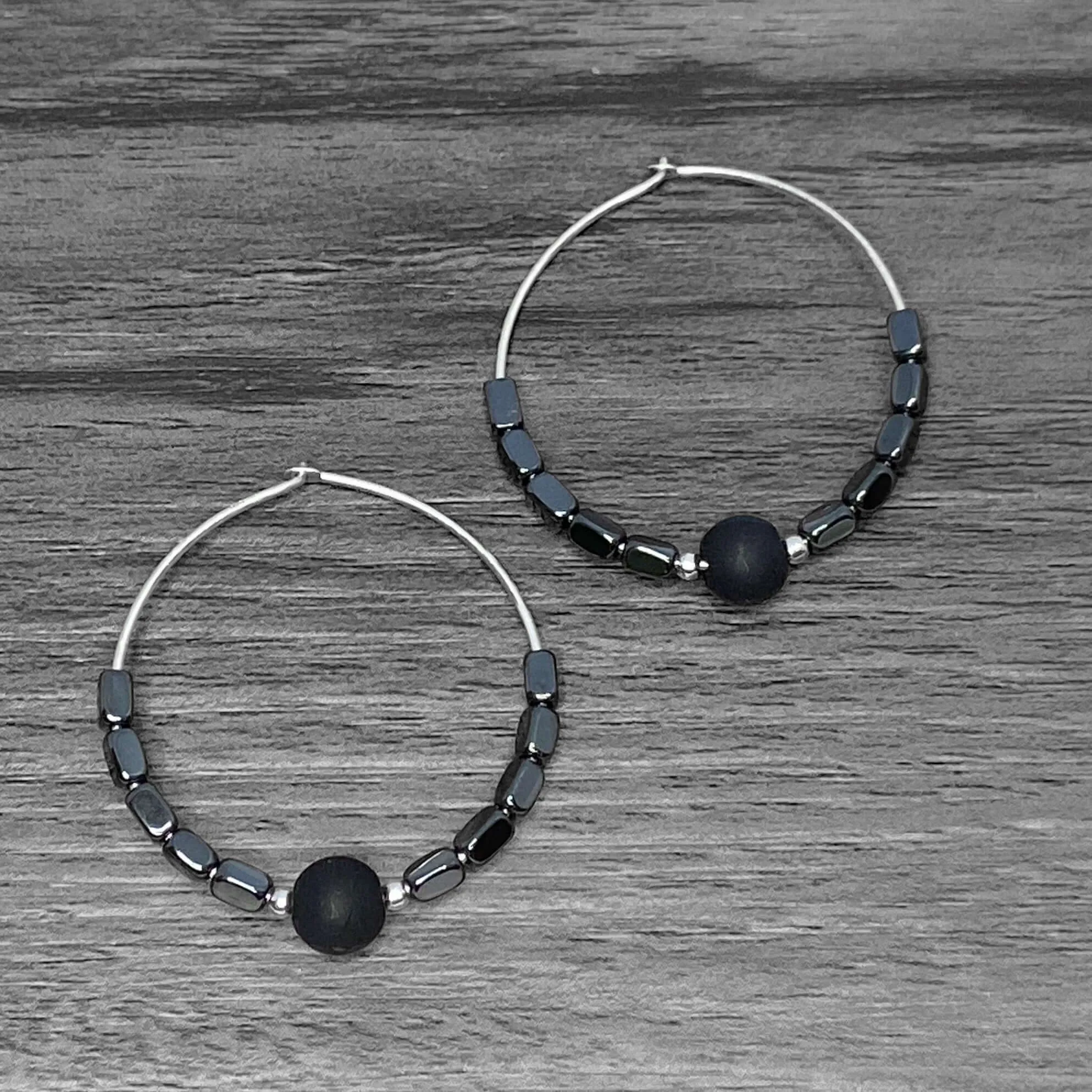 Shun Hematite Beaded Hoop Earrings