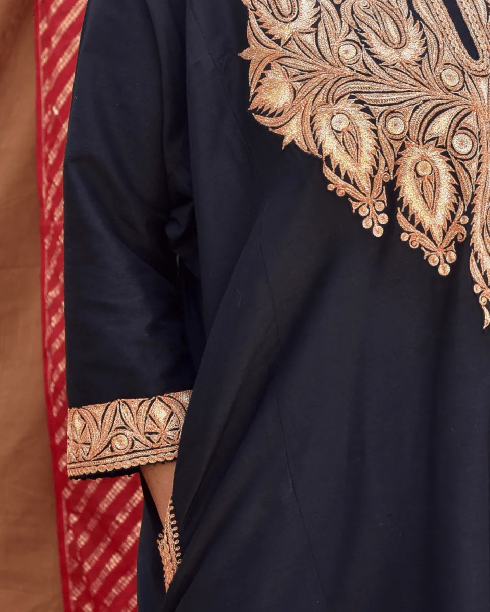 Silk Black Phiran with Gold Tilla Embroidery