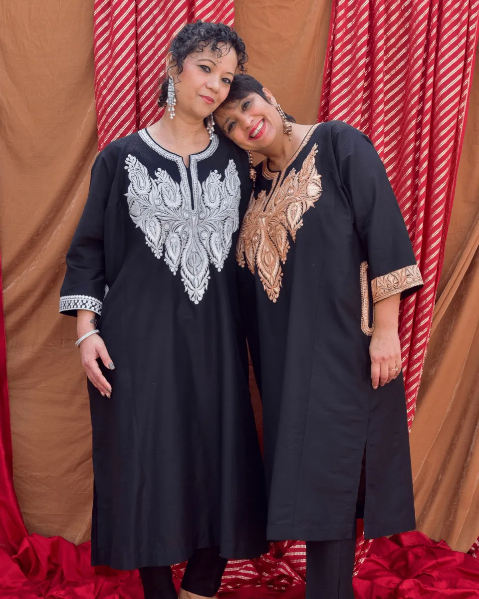 Silk Black Phiran with Gold Tilla Embroidery