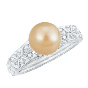 Solitaire South Sea Pearl Flower Engagement Ring with Diamond