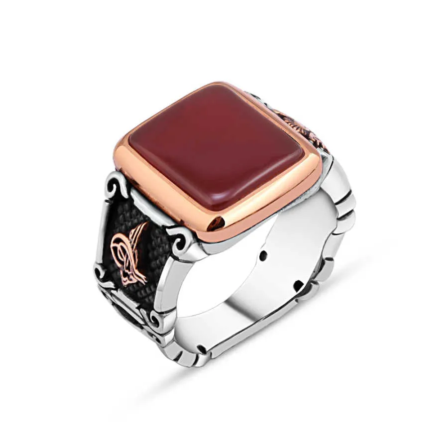 Square Red Agate Stone Silver Men's Ring Siding Ottoman Tughra