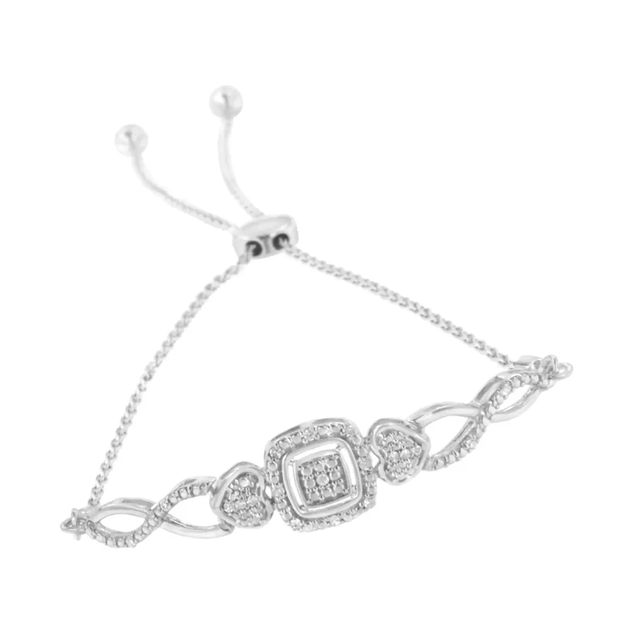 Sterling Silver Diamond Double Heart Bolo Bracelet (0.1 cttw, H-I Color, I2-I3 Clarity)