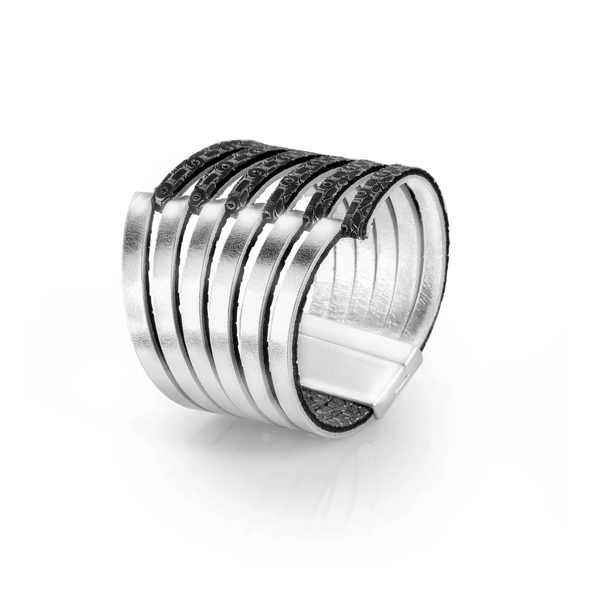 Stripes silver large cuff leather bracelet