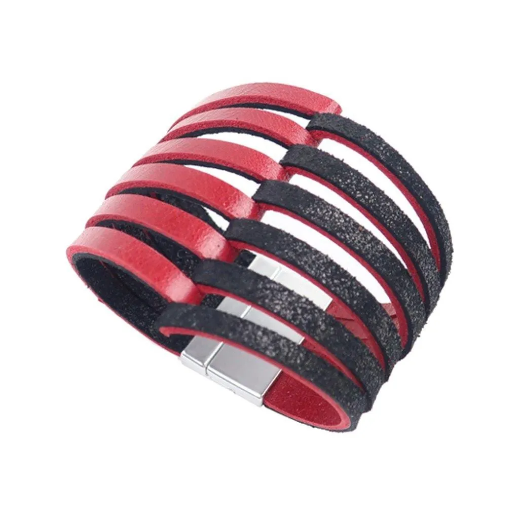 Stripes silver large cuff leather bracelet