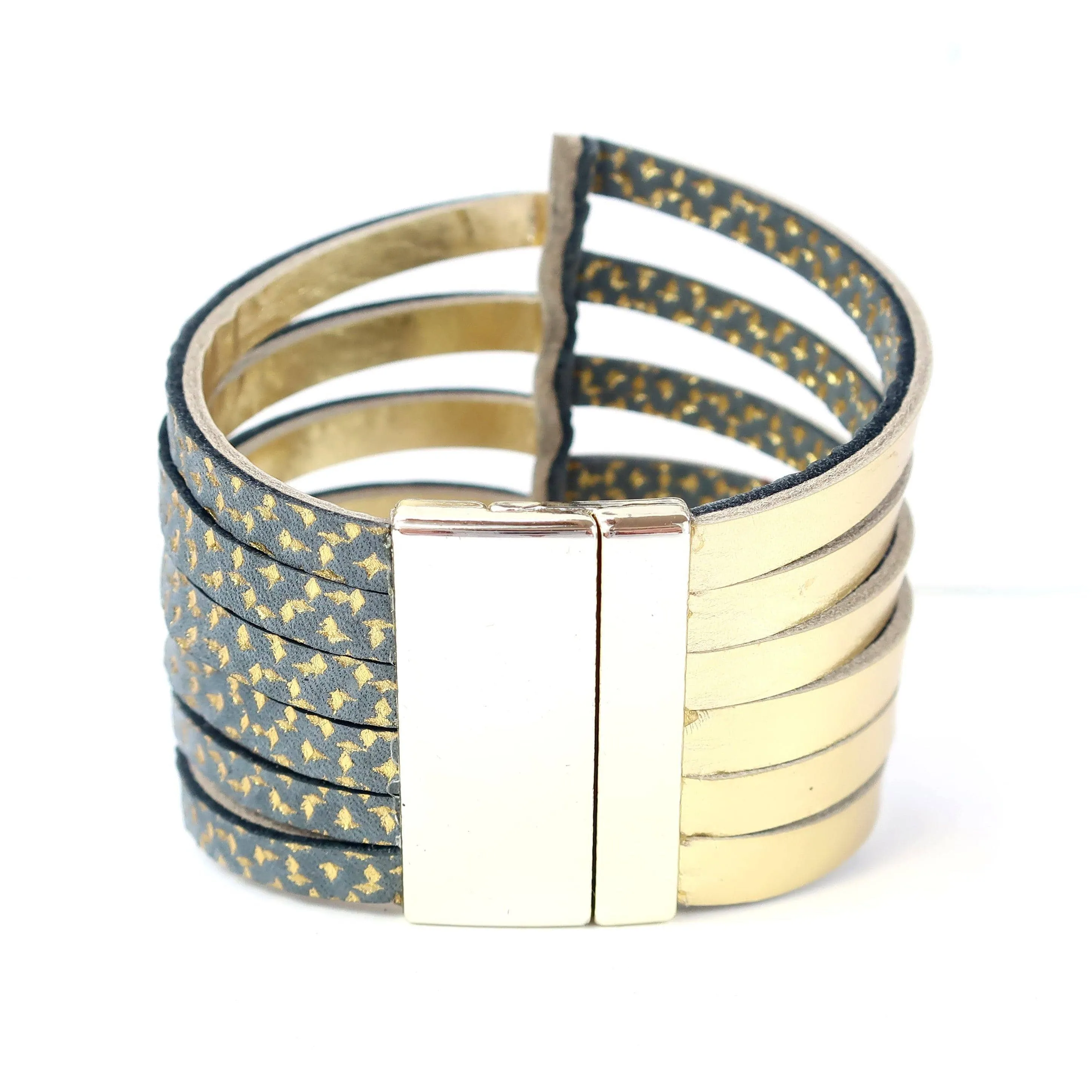 Stripes silver large cuff leather bracelet