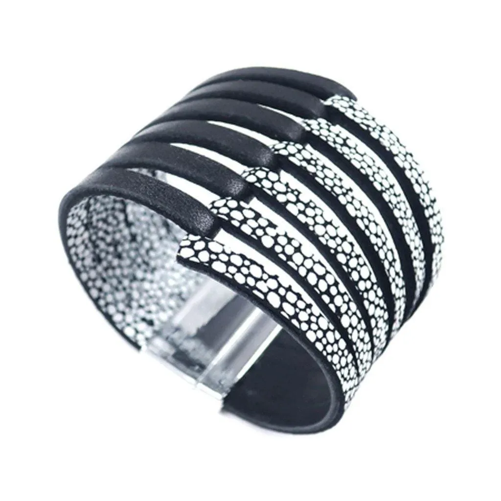 Stripes silver large cuff leather bracelet