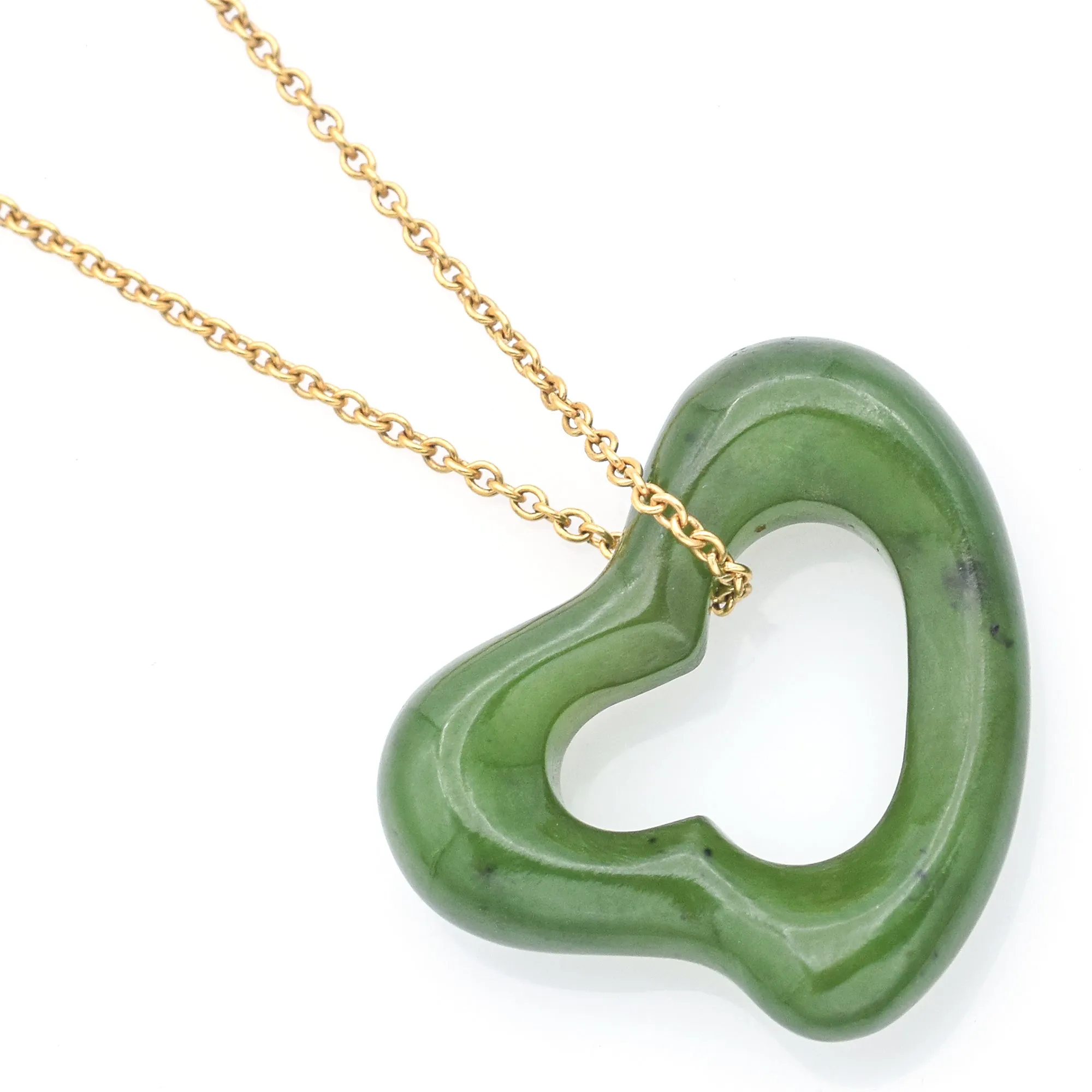 Tiffany & Co. Peretti 18K Yellow Gold Green Jade Open Heart Pendant Necklace