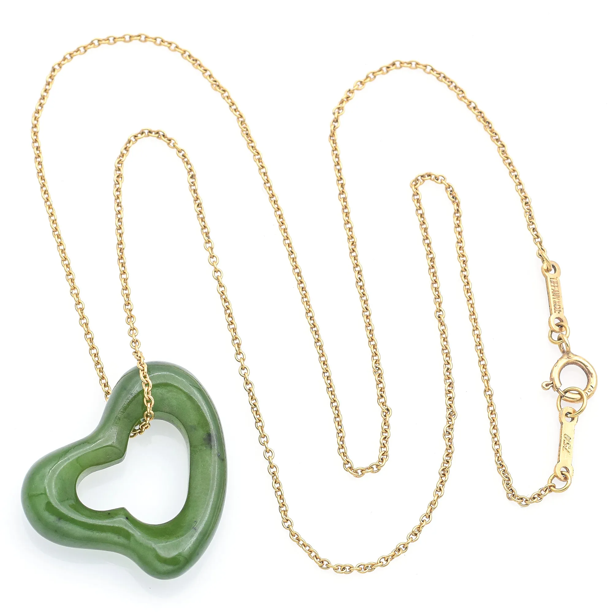 Tiffany & Co. Peretti 18K Yellow Gold Green Jade Open Heart Pendant Necklace