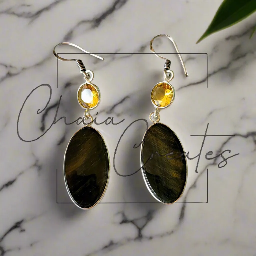 Tiger's Eye Ovals and Citrine Gems in Sterling Silver Dangle Earrings