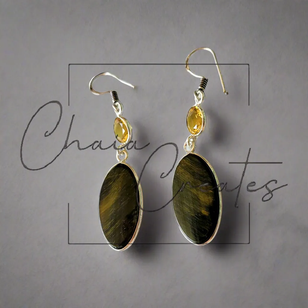 Tiger's Eye Ovals and Citrine Gems in Sterling Silver Dangle Earrings