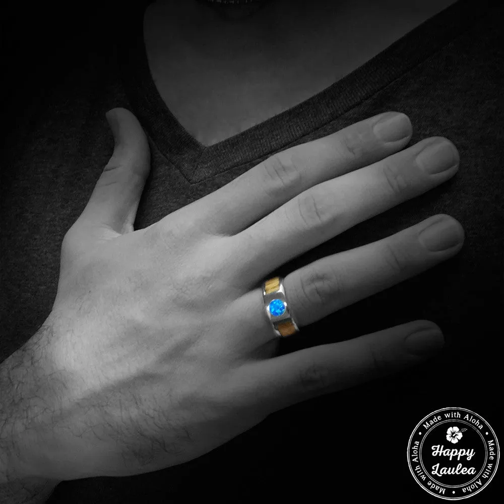 Titanium 8mm Ring with Round Blue Opal and Hawaiian Koa Wood Inlay