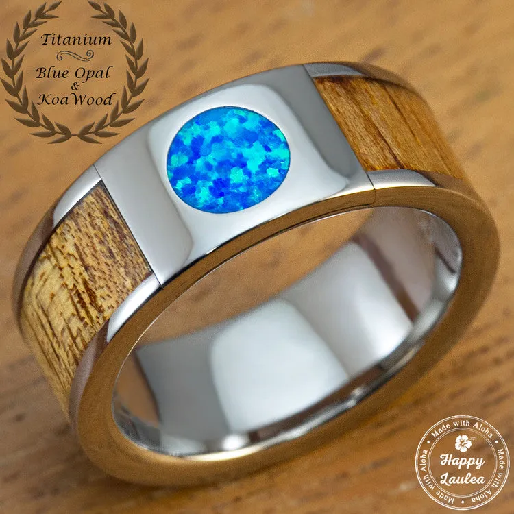 Titanium 8mm Ring with Round Blue Opal and Hawaiian Koa Wood Inlay