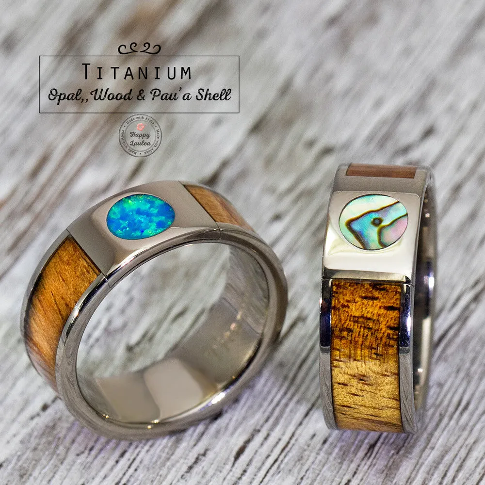 Titanium 8mm Ring with Round Blue Opal and Hawaiian Koa Wood Inlay