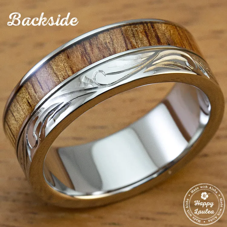 Titanium Flush Diamond Setting 8mm Width Ring Hand Engraved Floral Design with Hawaiian Koa Wood Inlay