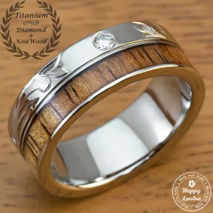 Titanium Flush Diamond Setting 8mm Width Ring Hand Engraved Floral Design with Hawaiian Koa Wood Inlay