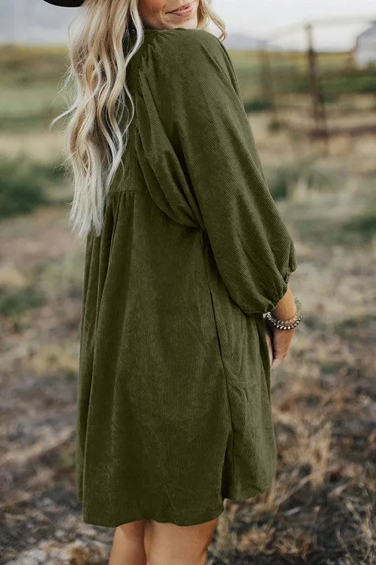 Truly Yours - Corduroy Buttoned 3/4 Sleeve Dress