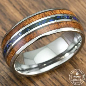 Tungsten Carbide Ring with Koa Wood & Lapis Lazuli Tri Inlay - 8mm, Dome Shape, Comfort Fitment