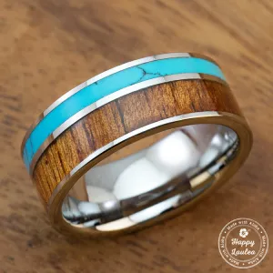 Tungsten Carbide Ring with Koa Wood and Turquoise Inlay