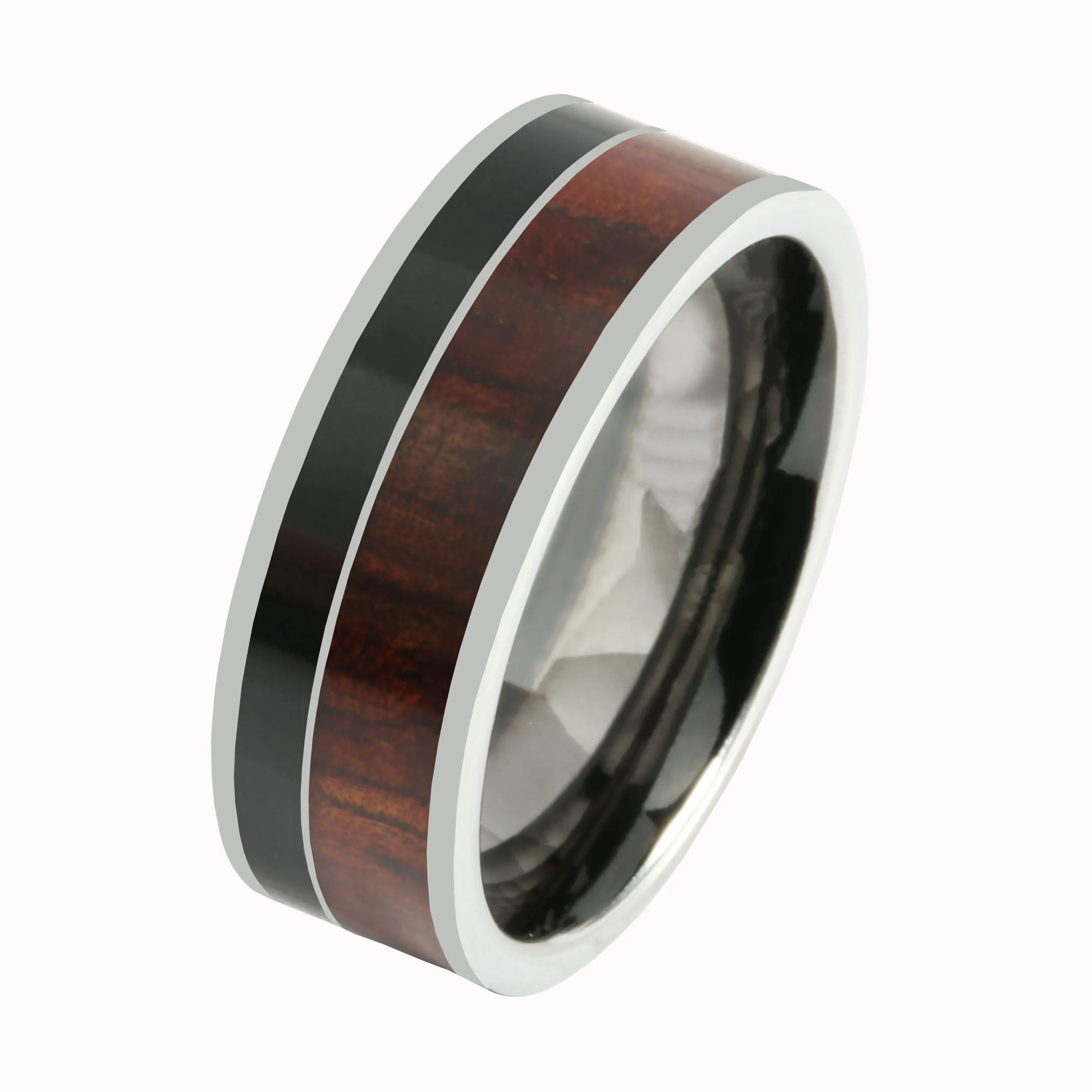 Tungsten Koa Wood and Onyx Inlaid Wedding Ring Flat 8mm