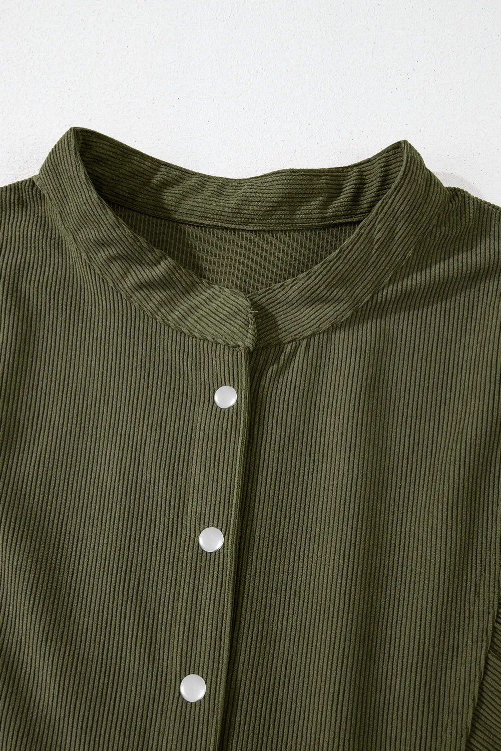 Vineyard Green Corduroy Snap Buttons Empire Waist Bracelet Sleeve Dress