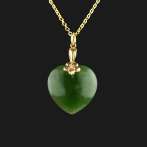 Vintage 14K Gold Floral Jade Heart Pendant Necklace