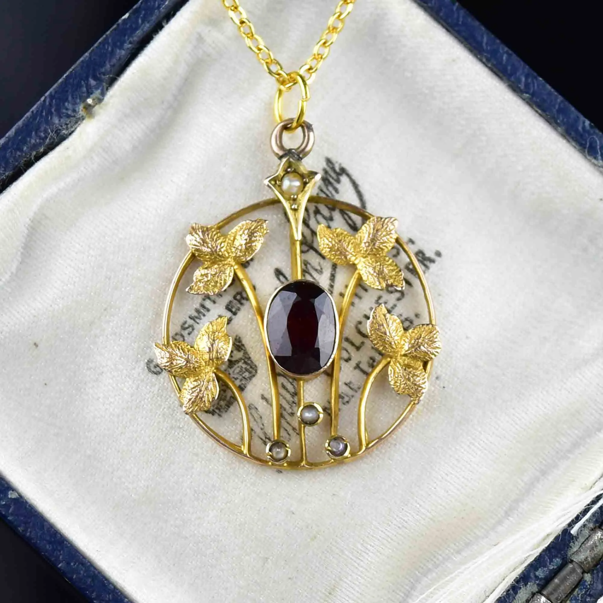 Vintage 9K Gold Garnet Floral Lavalier Necklace