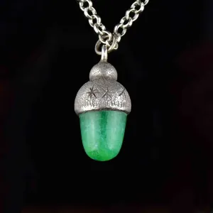 Vintage Carved Silver Jade Acorn Pendant Necklace