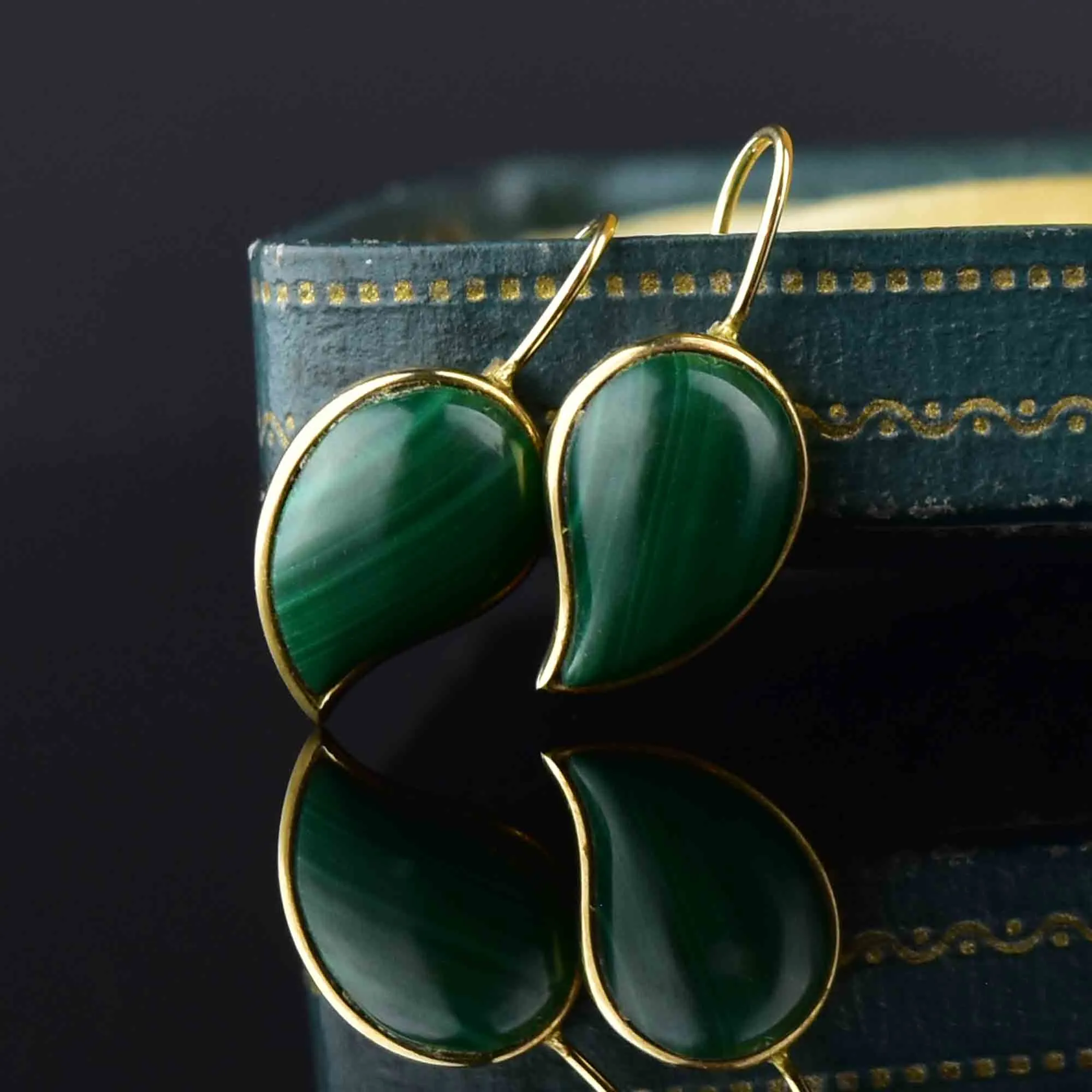 Vintage Malachite Leaf Earrings in Gold