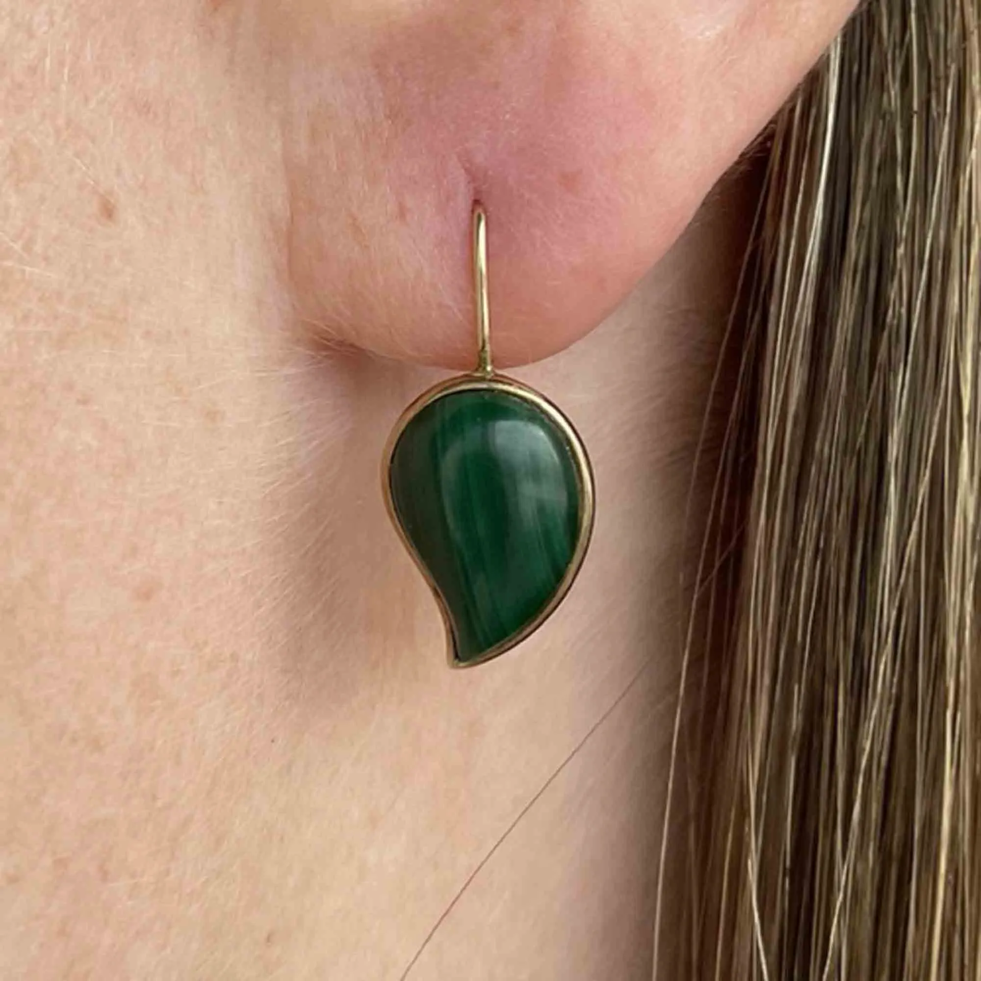 Vintage Malachite Leaf Earrings in Gold