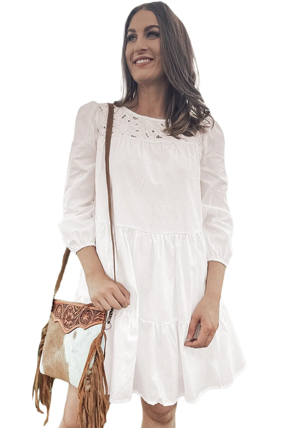 White Floral Lace Yoke Bracelet Sleeve Tiered Mini Dress