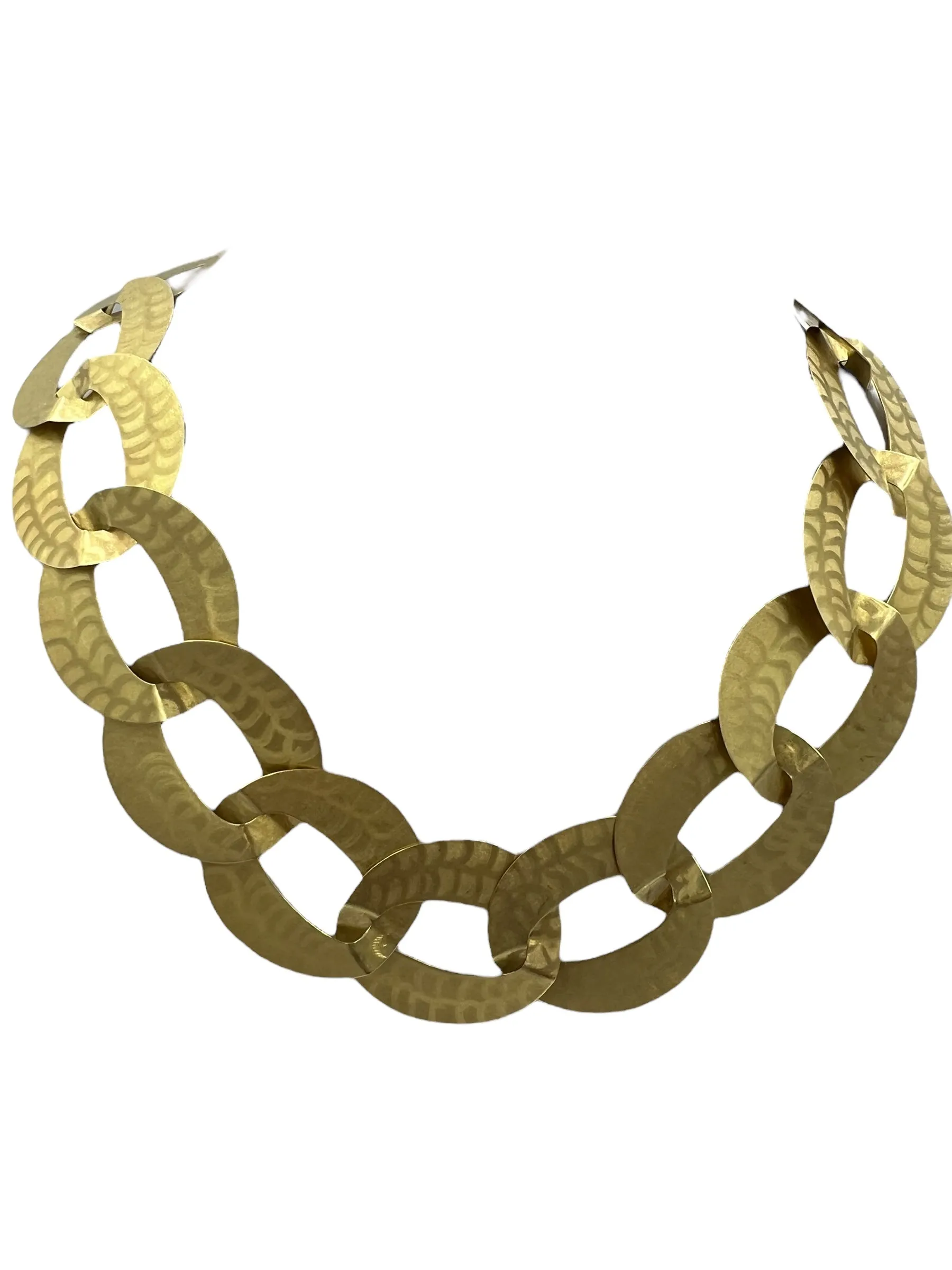 Wide Flat Oval Matt Finished Yellow Gold Link Necklace