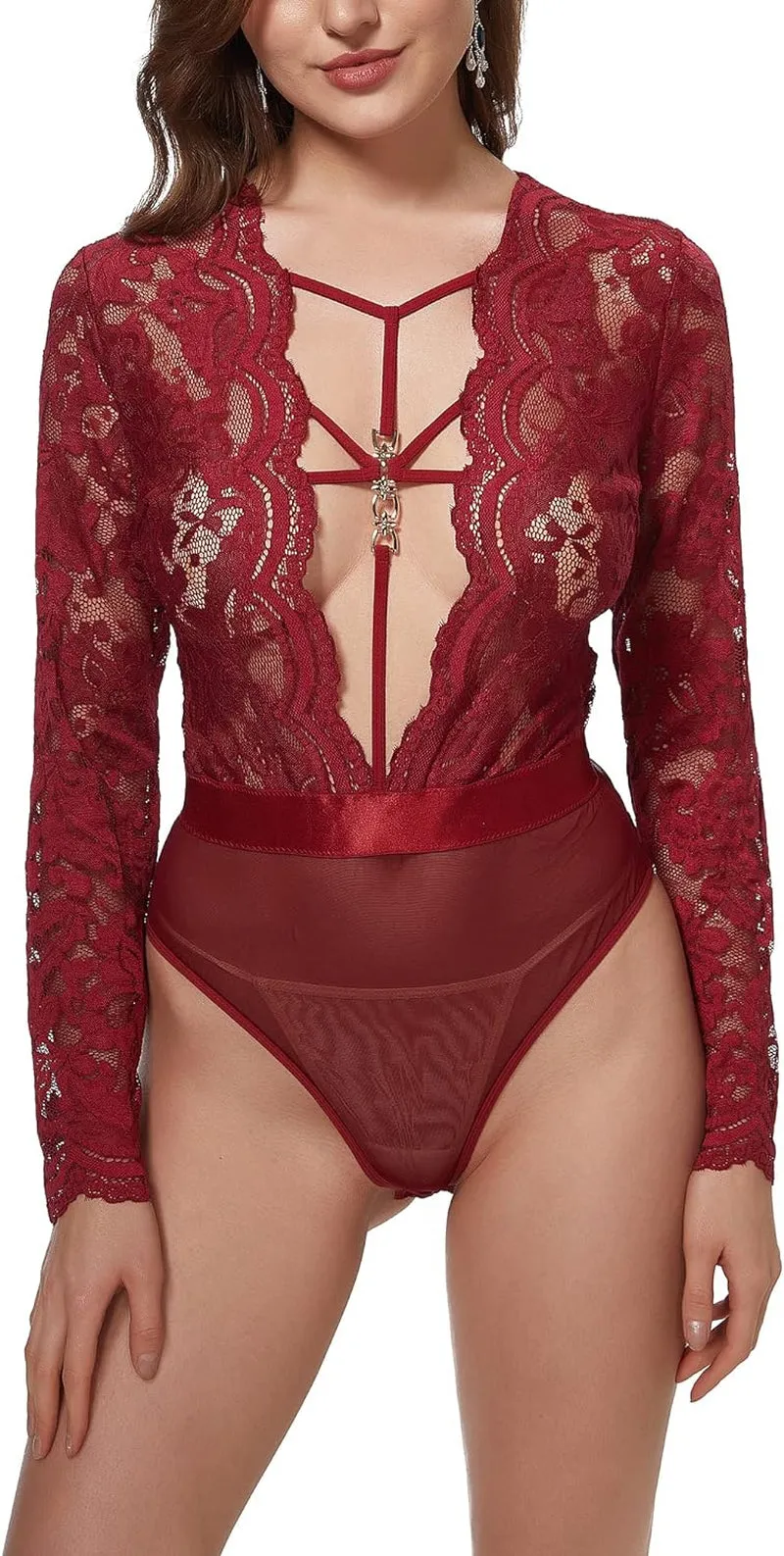 Women Lace Bodysuit Sexy Snap Crotch Long Sleeve Deep V Teddy Lingerie Tops