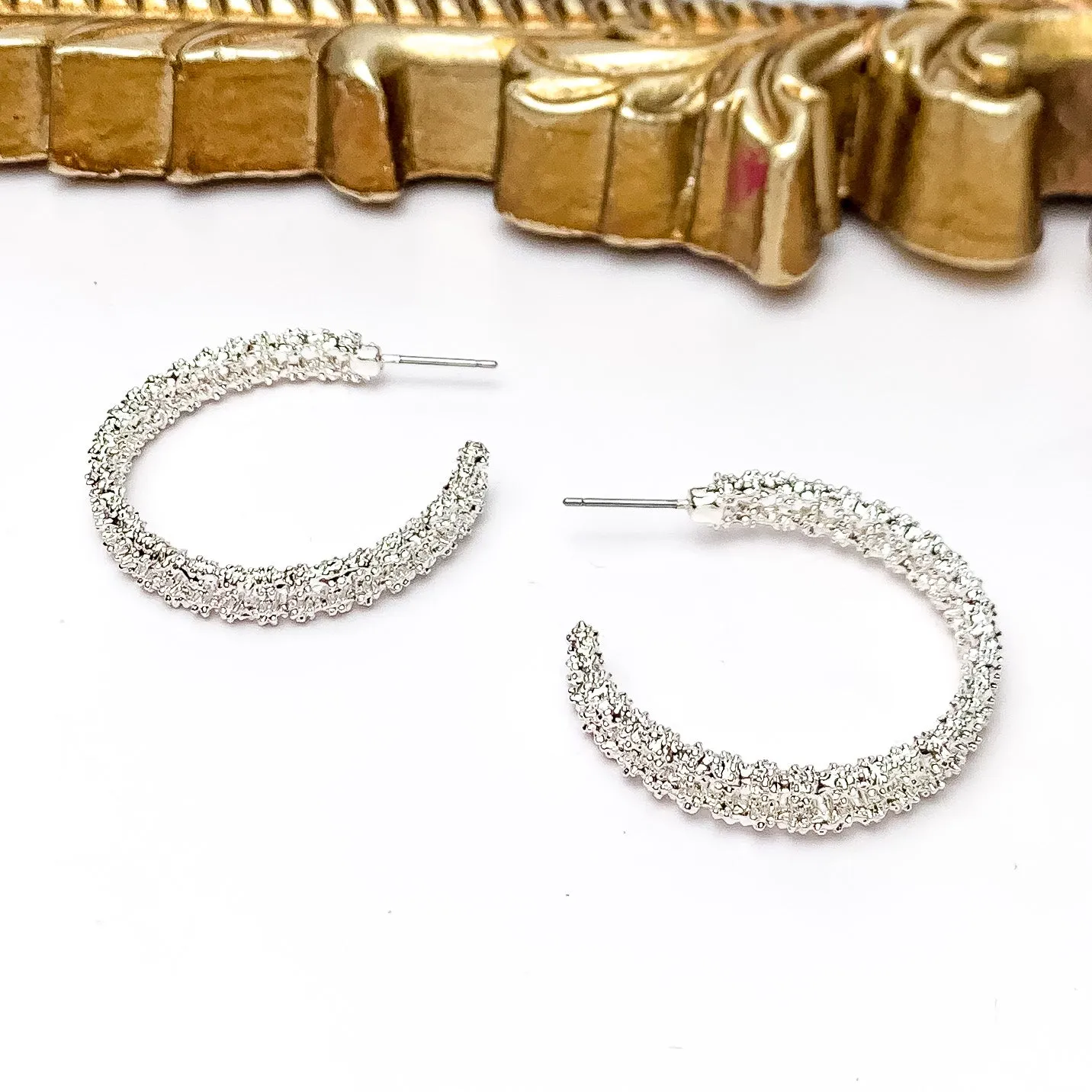 Worry Free Medium Silver Tone Textured Hoop Earrings