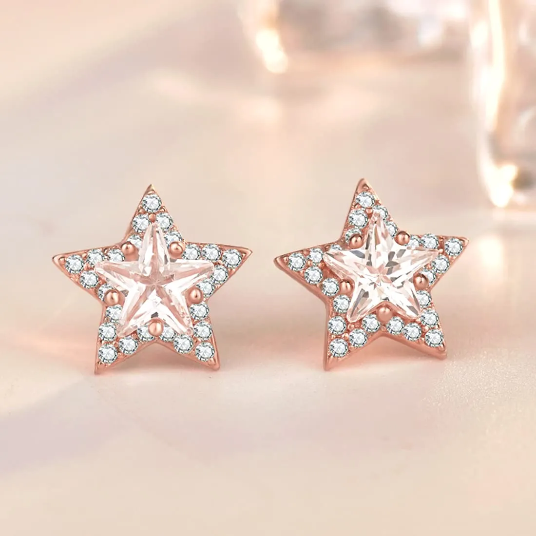 Yellow Chimes Elegant 925 Sterling Silver Hallmark and Certified Purity Star Design Crystal Stud Earrings for Women and Girls, Rose Gold, Medium