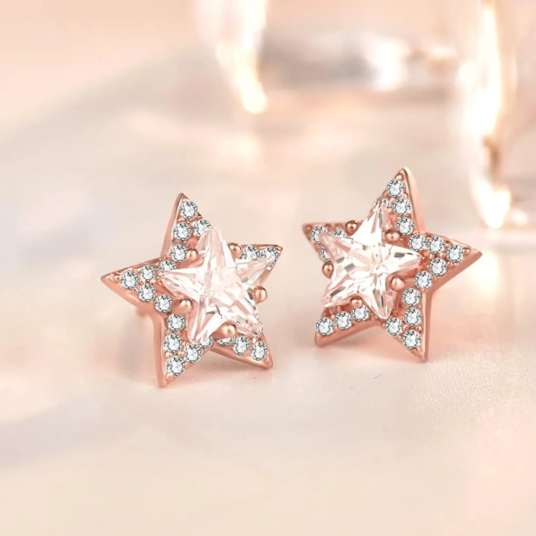 Yellow Chimes Elegant 925 Sterling Silver Hallmark and Certified Purity Star Design Crystal Stud Earrings for Women and Girls, Rose Gold, Medium