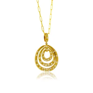 Yellow Gold Satin Finish Flush Set Concentric Oval with Paperclip Chain