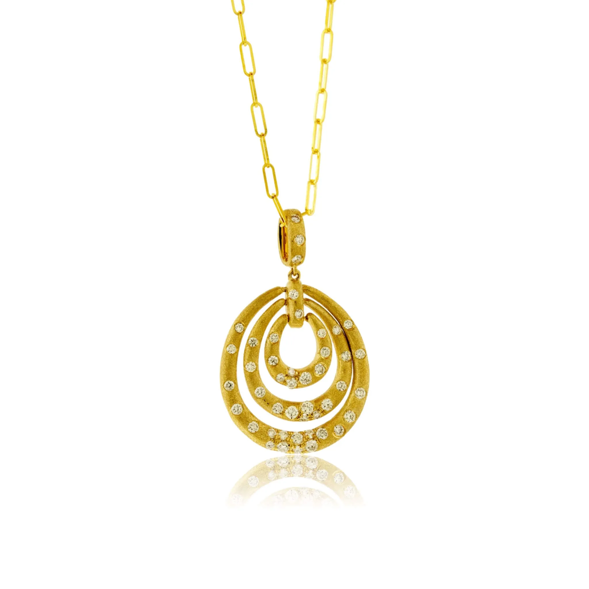 Yellow Gold Satin Finish Flush Set Concentric Oval with Paperclip Chain